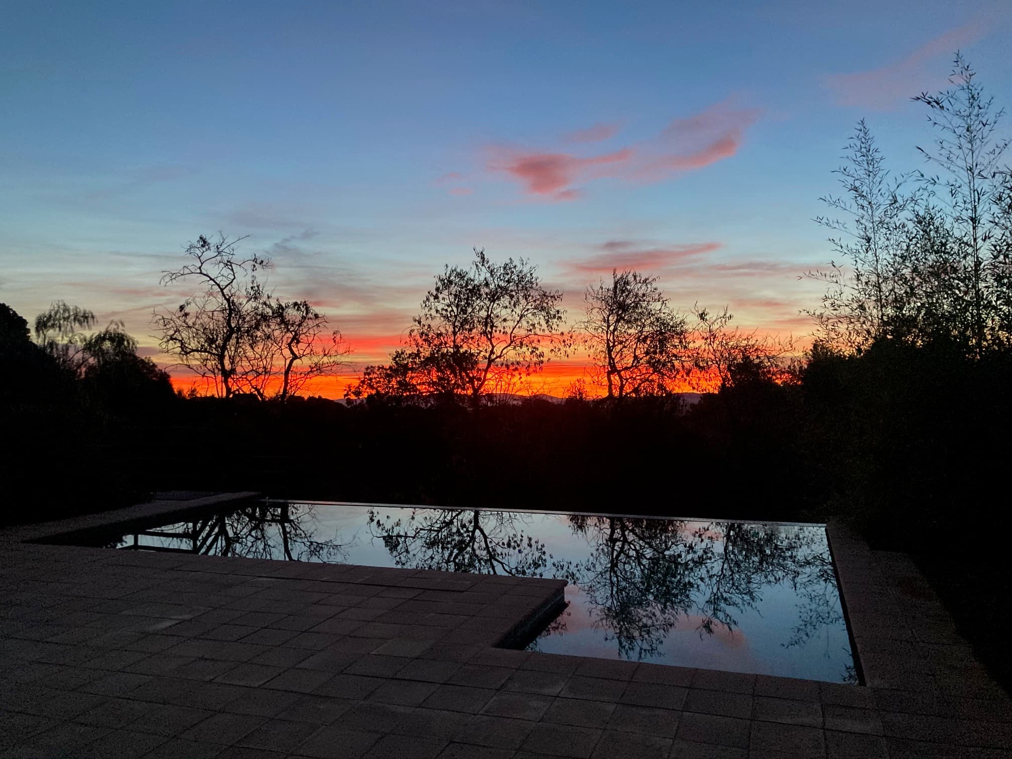 Piscina a l'alba amb la primera llum del sol entre els arbres